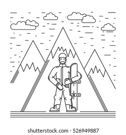 Cartoon snowboarder men standing with snowboard in hand, drawn in the linear style