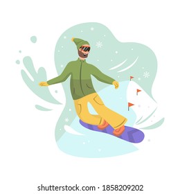 Cartoon snowboarder at ski resort. Vector illustration.