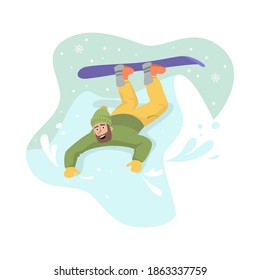 Cartoon snowboarder at ski resort. Vector illustration.