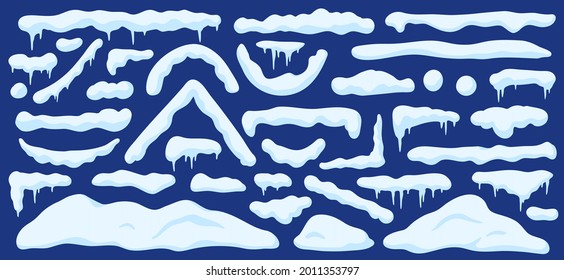 Cartoon snowdrifts. Winter snow piles, drifts, window and roof caps, lines and borders with icicles. Christmas frost decoration vector set. Illustration pile ice and snow drift element