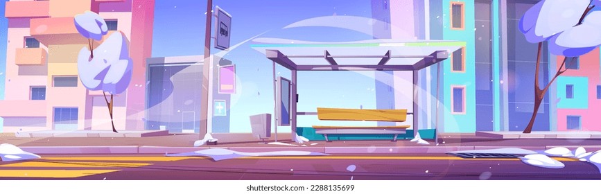 Cartoon snowfall in winter city street with bus stop. Vector illustration of modern cityscape with urban buildings, snow on trees, pedestrian crossing on empty road. Public transport station in town