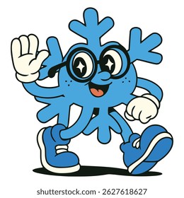 Cartoon snowflake character dancing cheerfully, wearing glasses and waving, ideal for winter themes, cold weather promotions, and festive seasonal designs.