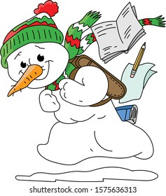 Cartoon snowman with a backpack going to school vector illustration 