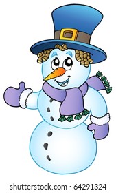 Caricatura de muñeco de nieve con sombrero grande - ilustración vectorial.