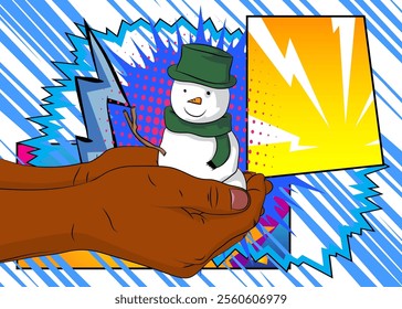 Cartoon Snowman with blank speech bubble, comic book Holiday background. Retro vector comics pop art design.