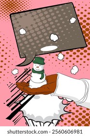 Cartoon Snowman with blank speech bubble, comic book Holiday background. Retro vector comics pop art design.