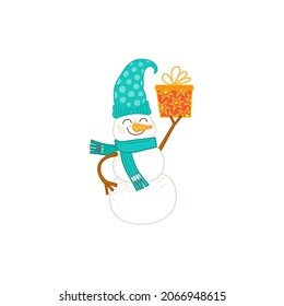 Cartoon snowman in a blue hat, with a scarf, with gift boxes and presents. Vector Christmas illustration isolated. Fun happy snowman character for Chrismas cards, Happy New Year banner, tags, labels