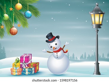 Cartoon of snowman with boxes gift under lamp post on snow