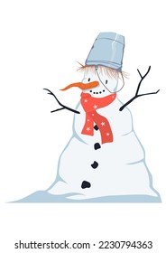 Cartoon snowman with a carrot nose and a bucket on his head. Vector.