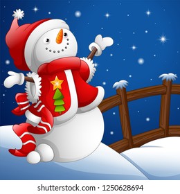 Cartoon snowman with Christmas background