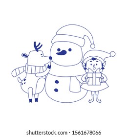 cartoon snowman with christmas elf and deer over white background, vector illustration