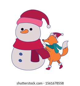 cartoon snowman and christmas fox over white background, vector illustration