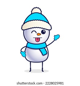 Cartoon snowman in a Christmas hat with a tongue