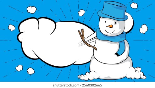 Cartoon Snowman, comic book Holiday. Retro vector comics pop art design.