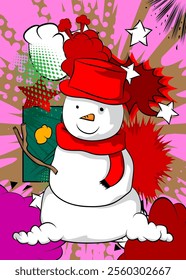 Cartoon Snowman, comic book Holiday. Retro vector comics pop art design.