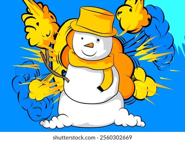 Cartoon Snowman, comic book Holiday. Retro vector comics pop art design.