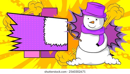 Cartoon Snowman, comic book Holiday. Retro vector comics pop art design.