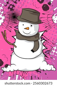 Cartoon Snowman, comic book Holiday. Retro vector comics pop art design.