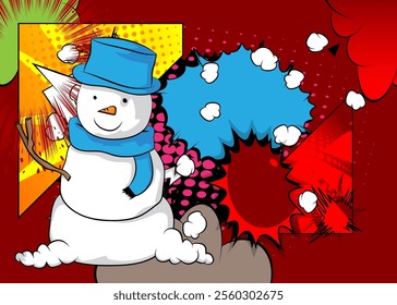 Cartoon Snowman, comic book Holiday. Retro vector comics pop art design.