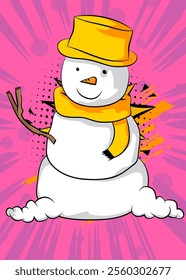 Cartoon Snowman, comic book Holiday. Retro vector comics pop art design.