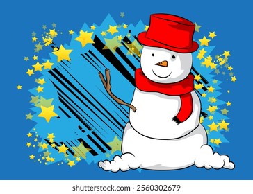 Cartoon Snowman, comic book Holiday. Retro vector comics pop art design.