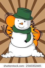 Cartoon Snowman, comic book Holiday. Retro vector comics pop art design.