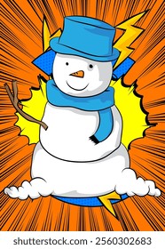 Cartoon Snowman, comic book Holiday. Retro vector comics pop art design.