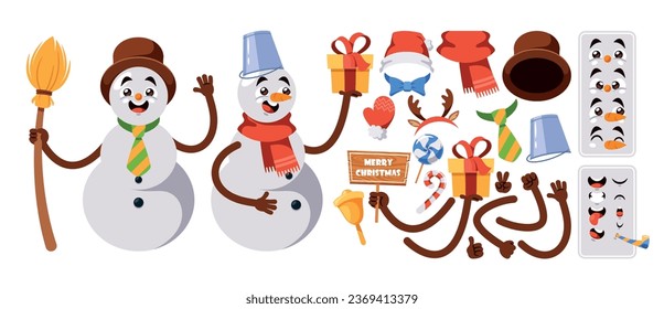 Cartoon Snowman Constructor Kit. Vector Set Of Winter Personage Body Parts, Snow Balls, Hands, Face Emotions, Eyes
