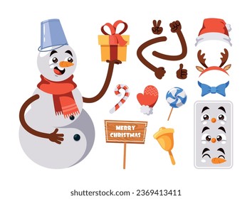 Cartoon Snowman Constructor Kit. Winter Personage Body Parts, Hands, Face Emotions, Eyes, Nose and Mouth. Glove
