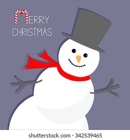 Cartoon Snowman in the corner. Violet background. Merry Christmas card Flat design Vector illustration