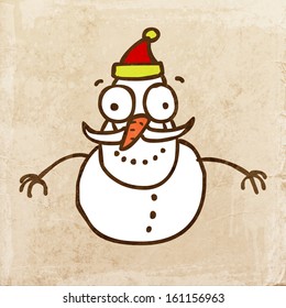 Cartoon Snowman. Cute Hand Drawn Vector illustration, Vintage Paper Texture Background