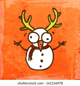 Cartoon Snowman. Cute Hand Drawn Vector illustration, Vintage Paper Texture Background