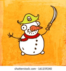 Cartoon Snowman. Cute Hand Drawn Vector illustration, Vintage Paper Texture Background