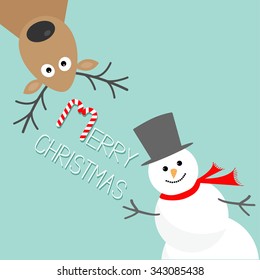 Cartoon Snowman and deer. Blue background. Candy cane. Merry Christmas card. Flat design  Vector illustration