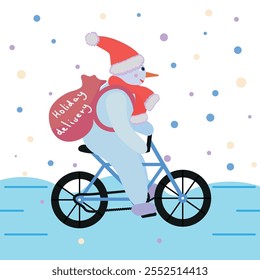 Cartoon snowman delivering gifts in a bag, a snowman on a bicycle with a bag of presents for the holiday, holiday delivery