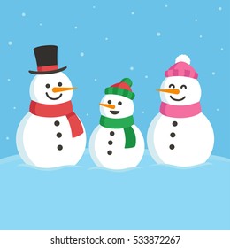 Cartoon snowman family illustration. Mom, dad and child. Cute Christmas greeting card.