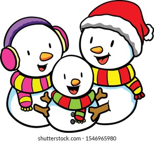 Cartoon Snowman Family with Kid and Wife