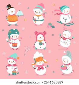 Cartoon snowman. Funny snowmen different poses, winter positive characters. Christmas holidays, new year mascots with garland and hot drink, nowaday vector set