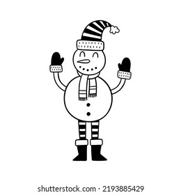 Cartoon snowman in hand drawn doodle style. Vector Christmas illustration. Perfect for invitations, greeting cards, posters.