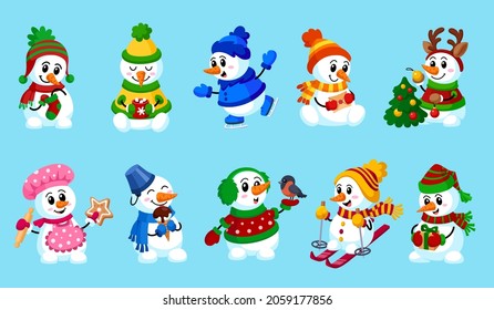 Cartoon snowman. Happy snowmen collection, snow winter characters in hat and scarfs. Christmas symbol, xmas kids cute friends garish vector set