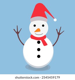 Cartoon Snowman with hat and scarf isolated on blue background. Vector illustration