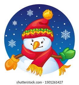 Cartoon Snowman with hat, scarf and mittens. Christmas and New Year character. Vector illustration on a white background. 