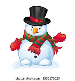 Cartoon Snowman with hat, scarf and mittens. Christmas and New Year character. Vector illustration on a white background. 