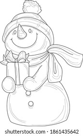 Cartoon snowman in hat and scarf with present box sketch template. Christmas vector illustration in black and white for games, background, pattern, decor. Coloring paper, page, story book