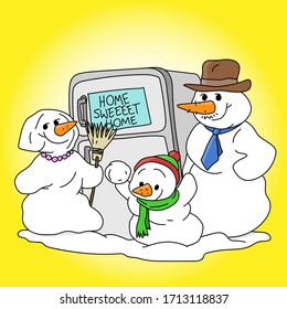 Cartoon snowman and his family standing in front of a refrigerator vector illustration