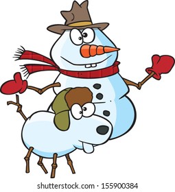 Cartoon snowman with his snow dog