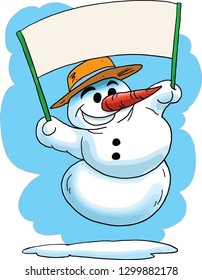 Cartoon Snowman holding a blank banner in his hands