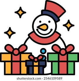 A cartoon snowman is holding a bunch of presents. The snowman is smiling and the presents are wrapped in red and green ribbons. Concept of joy and excitement for the holiday season