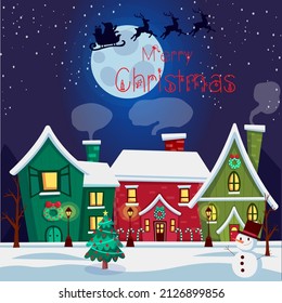 Cartoon snowman and houses with Christmas tree, moon and flying reindeer.Christmas and New Year greeting card with text, Merry Christmas.Vector illustration