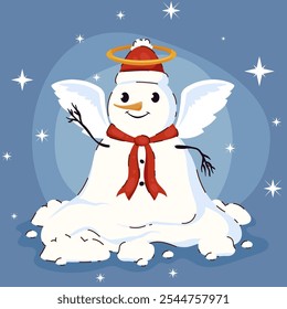 Cartoon Snowman Icon. Funny character of a melting snowman with wings in hand drawn flat style 